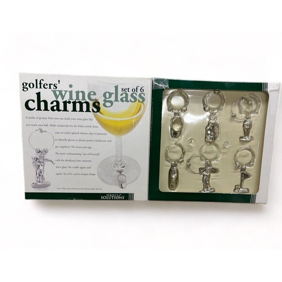 Golfers Wine Glass Charms Set of 6 Unique Shapes Nickel Plated Dinner Party Bar - Picture 2 of 3